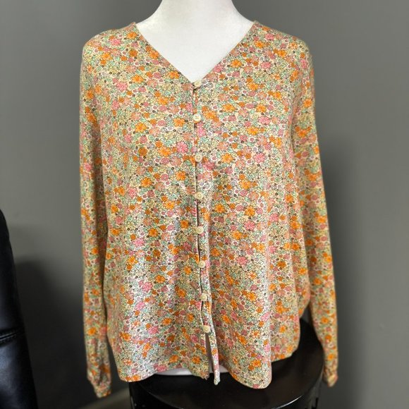 Lands End Orange Floral Long Sleeve Button Down Tencel - Picture 2 of 7
